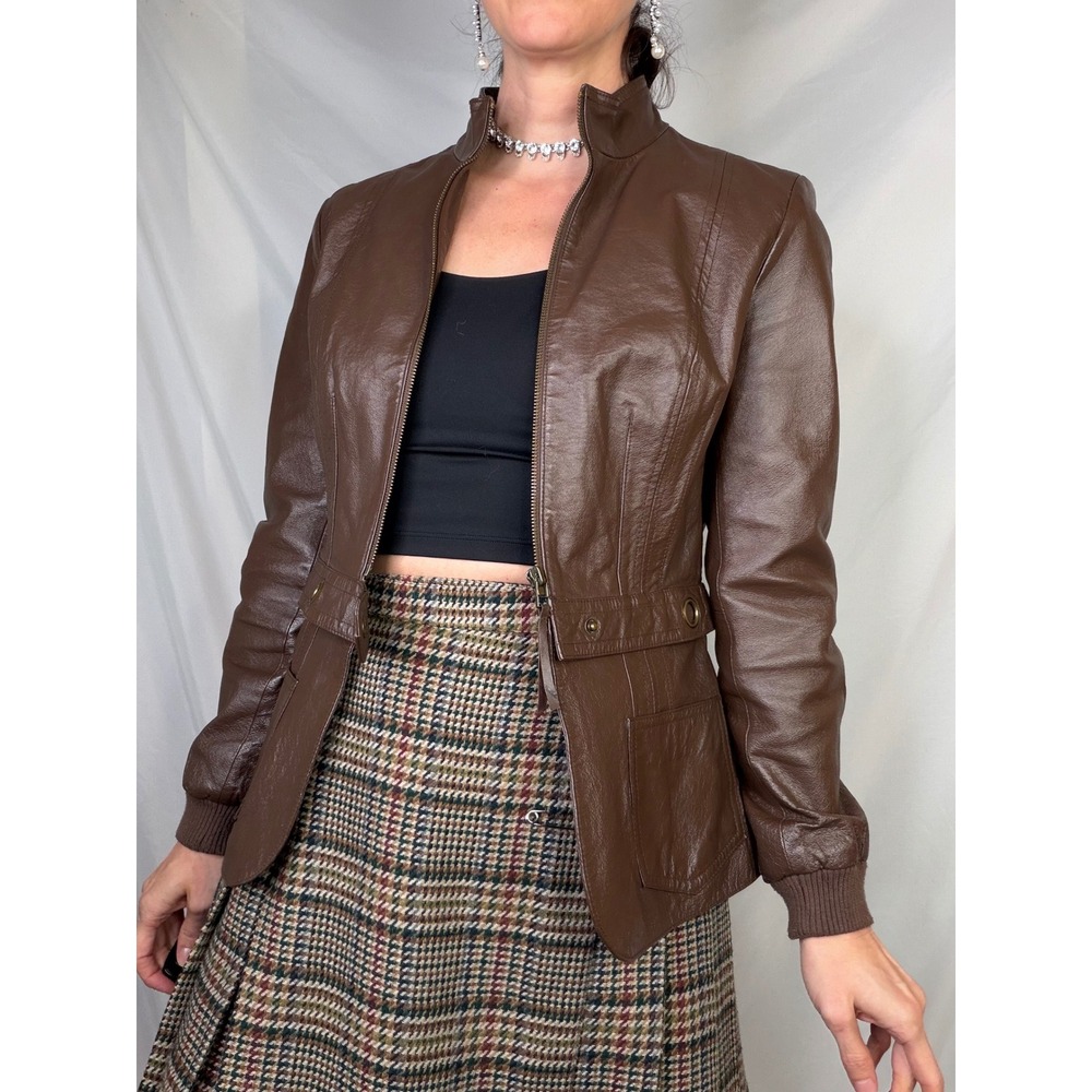 Newport News Leather Moto Jacket Brown Zip Front Vintage Y2K Convertible S - Picture 4 of 17